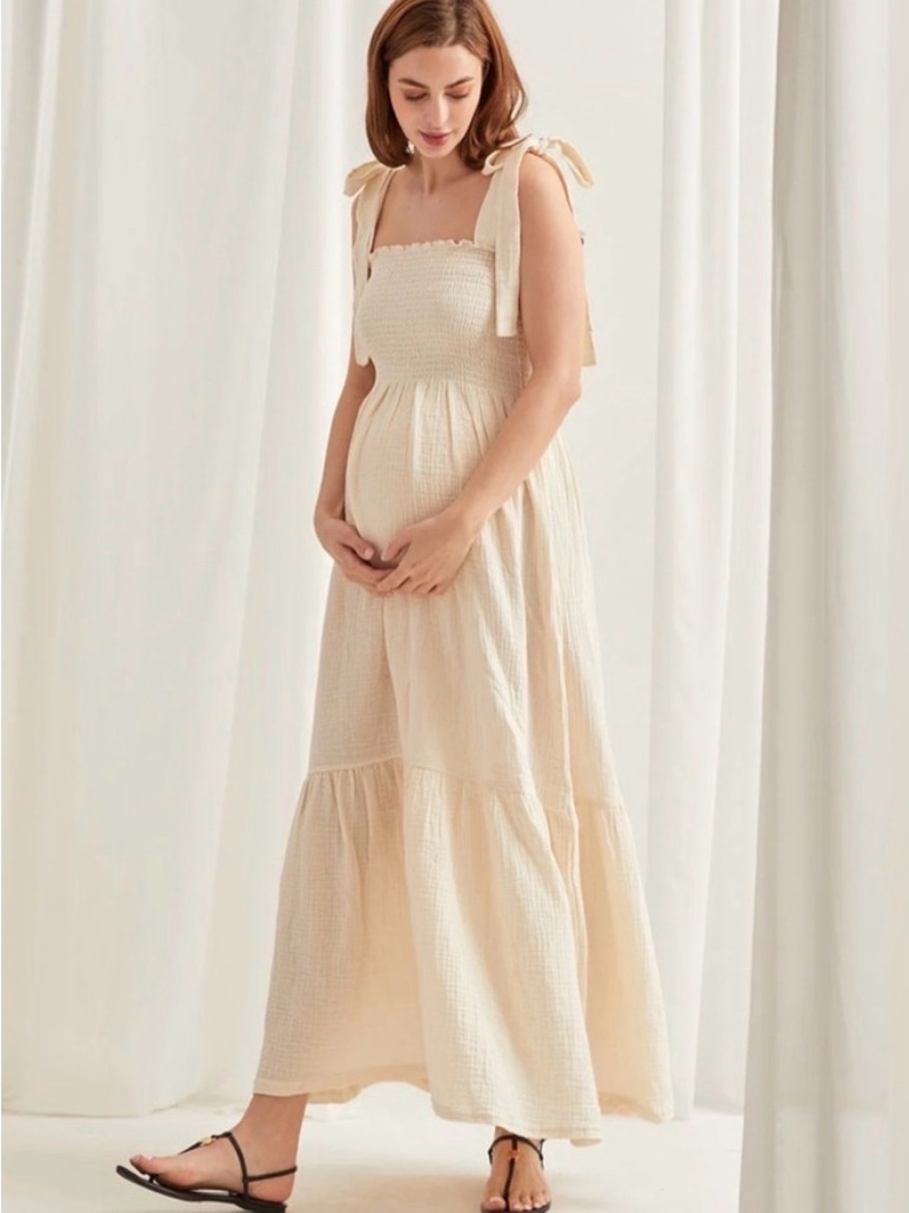 NOTHING FITS BUT Momoka Maternity gauze cotton smocked Eggshell tie midi maxi - Picture 3 of 9